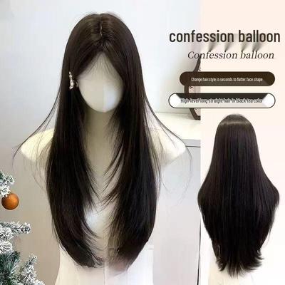 Confession Balloon Damen Lang Schwarz Teefarben Gerade Perücke, Natürlicher Lolita Stil, Vollkopfbedeckung, Mittelscheitel.