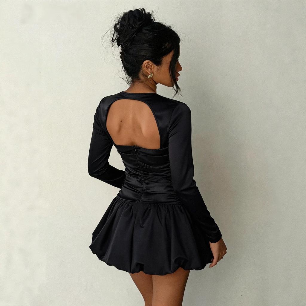 European and American style long-sleeved backless bud skirt slim-fitting short dress women's summer new sexy temperament small black dress