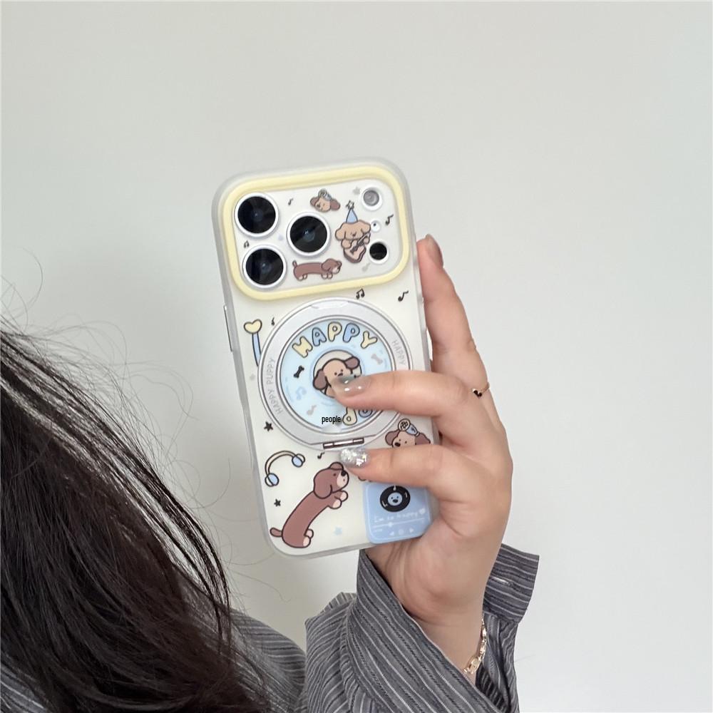 INS Style Cartoon Sausage Dog Rotating Stand Phone Case for iPhone 15/16PM/17Pro - Drop-Proof Design