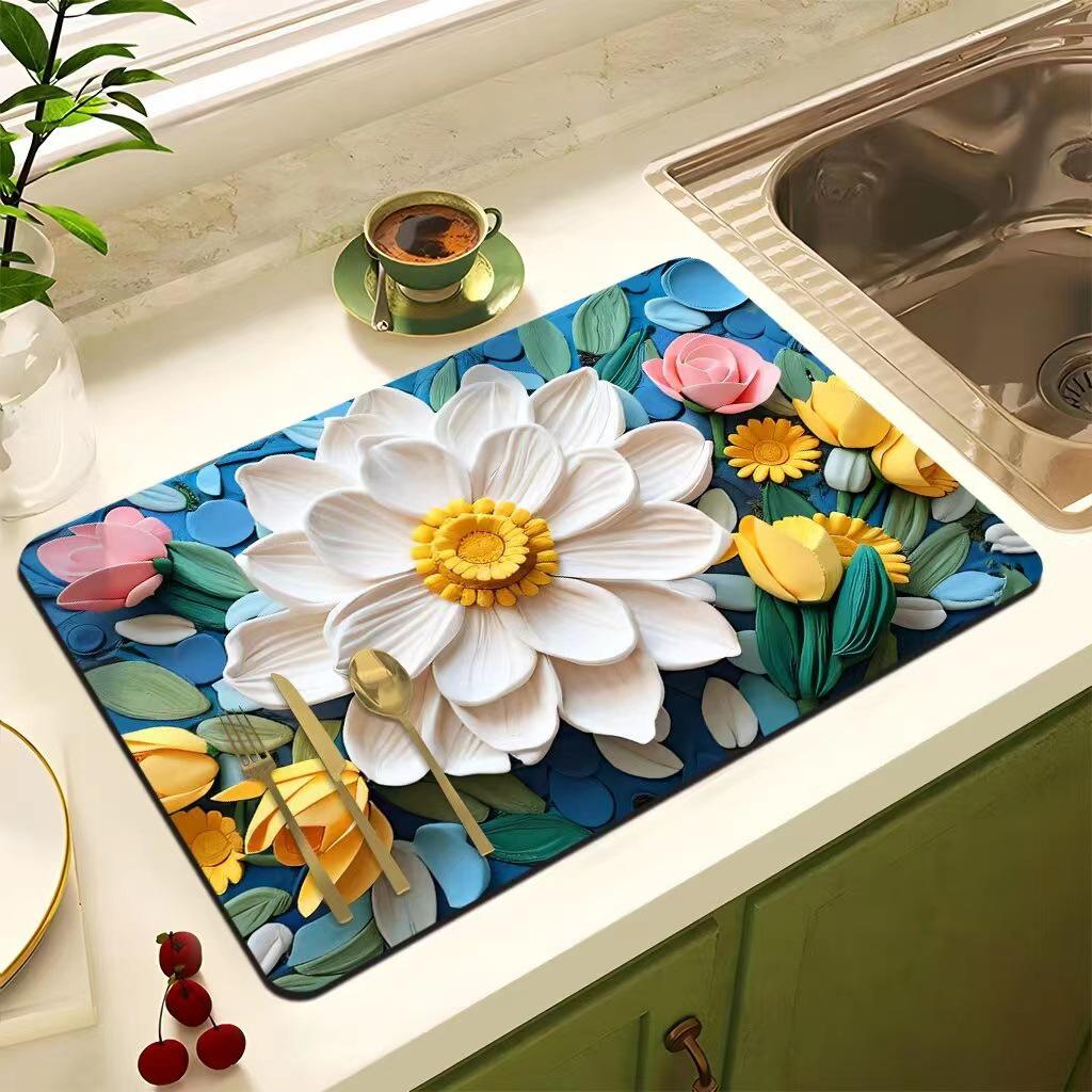 Oil Painting Style Floral Water-Absorbent, Stain-Resistant Kitchen Mat – Heat Insulation, Wear-Resistant, Easy-Clean Draining Mat