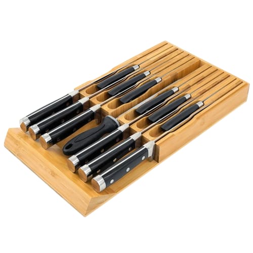 

VaeFae Бамбуковый органайзер для ножей в ящик, Вставка-органайзер для ножей в ящик, Блок для ножей в кухонный ящик на 12 ножей плюс слот для точилки для ножей (Нет K