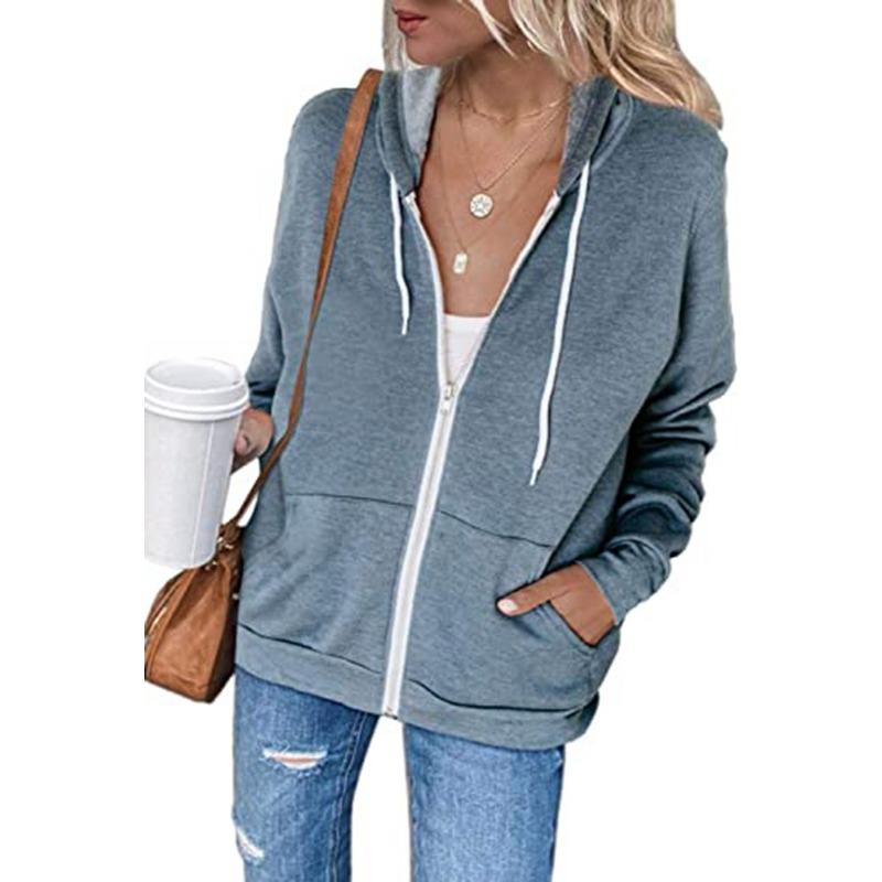 Herbst Damen Einfarbig Langarm Tasche Kordelzug Kapuzen Reißverschluss Verdicktes Sweatshirt