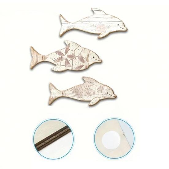 3Pcs/Set Wooden Dolphin Wall Decoration, Flowers Leaves Pattern Fish Wall Art for Beach, Lake House, Nautical Coastal Ocean Theme Hanging Ornament