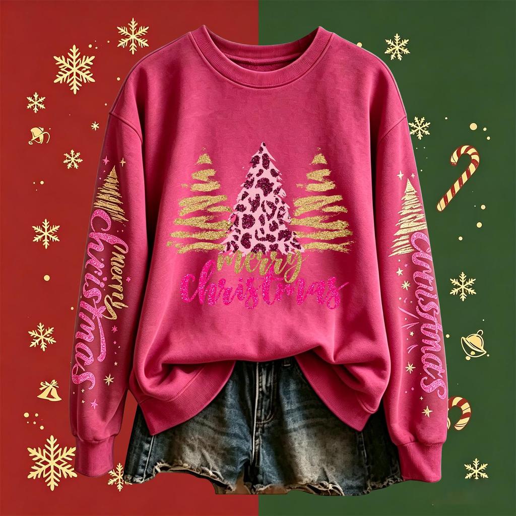 Women's Fashion Long Sleeve Crewneck Pullover Sweatshirt with Christmas Print Top