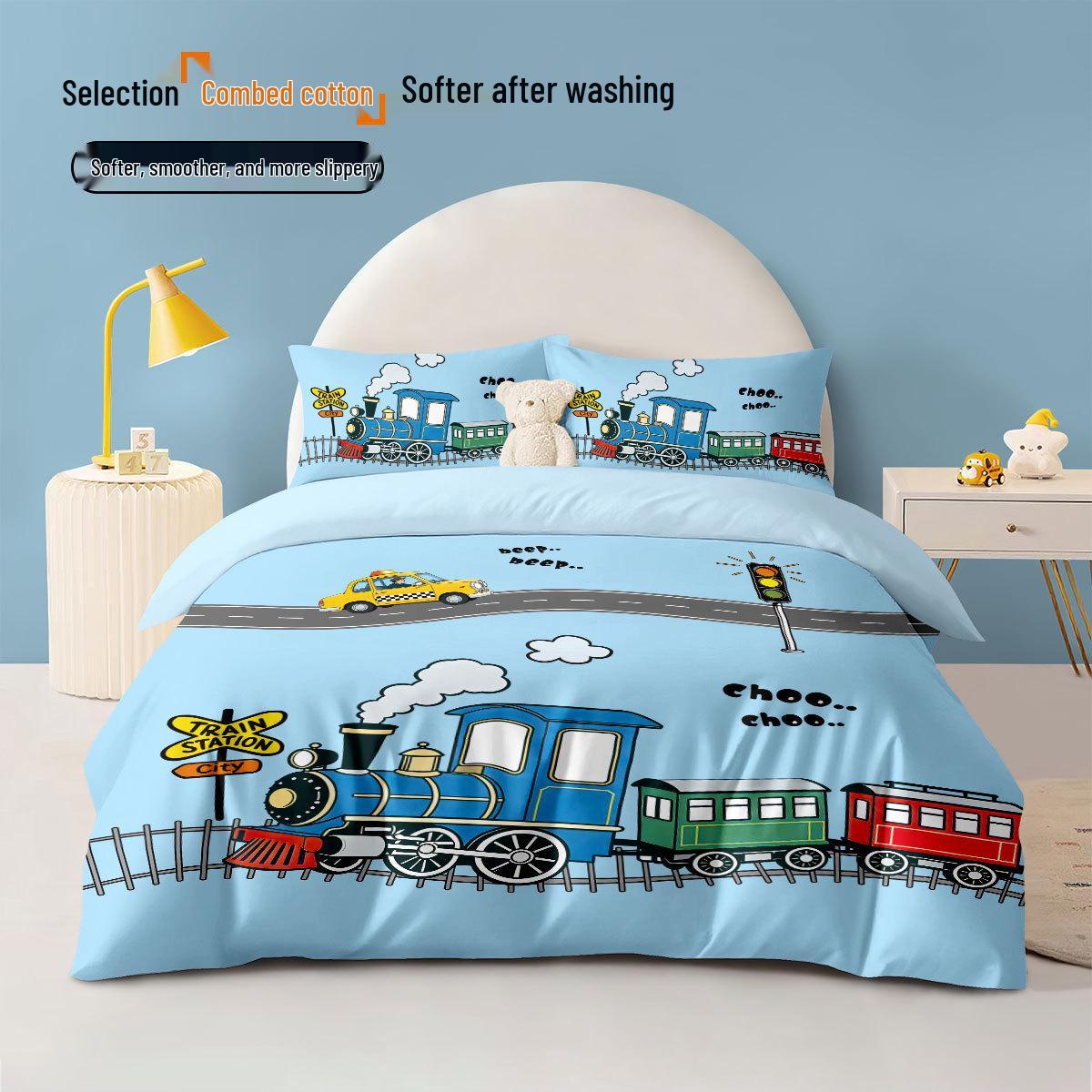 Children s Cartoon Train Cotton Duvet Cover Set - Boys 4-Piece Long Staple Cotton Bedding 2 Pillowcases 74x48cm