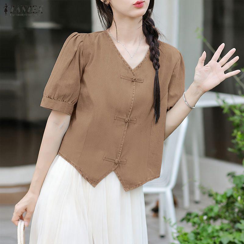 ZANZEA Dámská ležérní letní halenka s V-výstřihem, jednobarevná, krátký rukáv