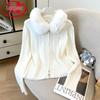 Langsha Women's Fur Collar Zip-Up Cable Knit Cardigan