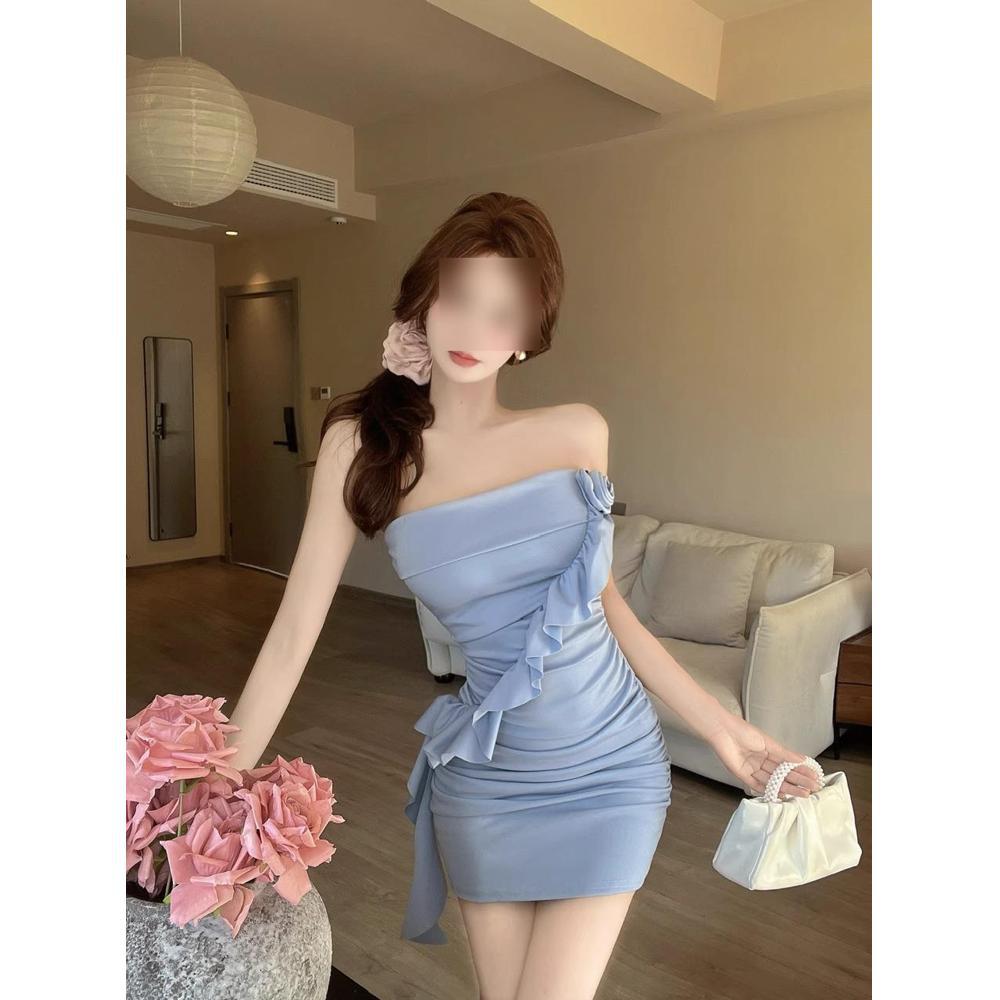 

Кружевное трехмерное платье-топ-труба с открытыми плечами, женское летнее новое облегающее и тонкое XL- (recommended 110-60kg) синий