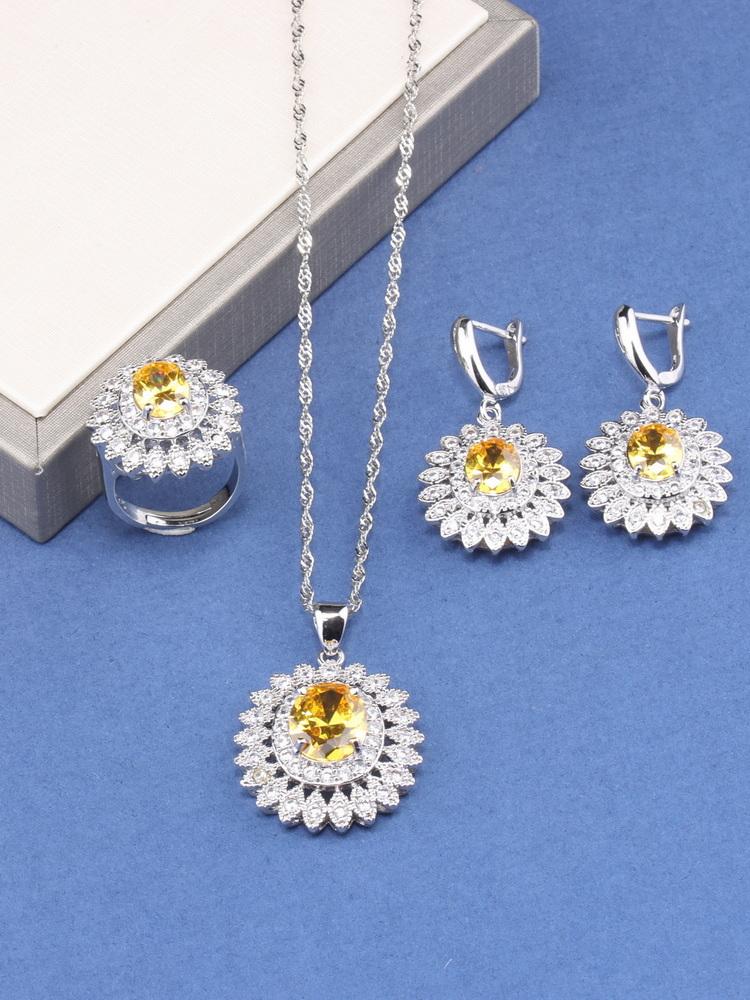 Fine Jewelry For Women Gift Wedding Dress Elegant Luxury Necklace And Clip Earrings Ring Zircon 4-Piece Flower Sets