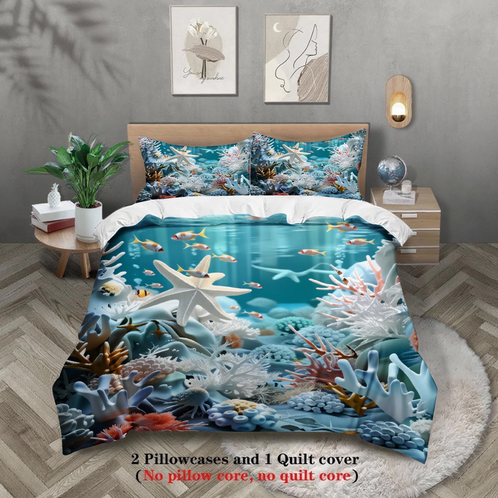 Grosstor Unisex Coral/Blue Ocean Reef Bedding Set Sea Life Print Bedding With Duvet Cover Pillowcases For Bedroom