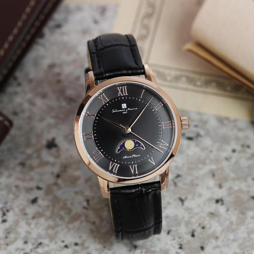 Moon Phase 5 ATM Water Leather Limited Pink Gold with Black [Salvatore Marra] Women's Watch, Resistant, Business/Formal Style, Strap, Edition,