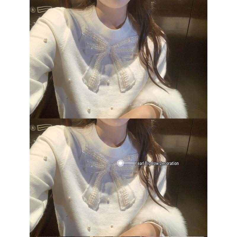 Maglione lavorato a maglia da donna girocollo con perline a forma di farfalla
