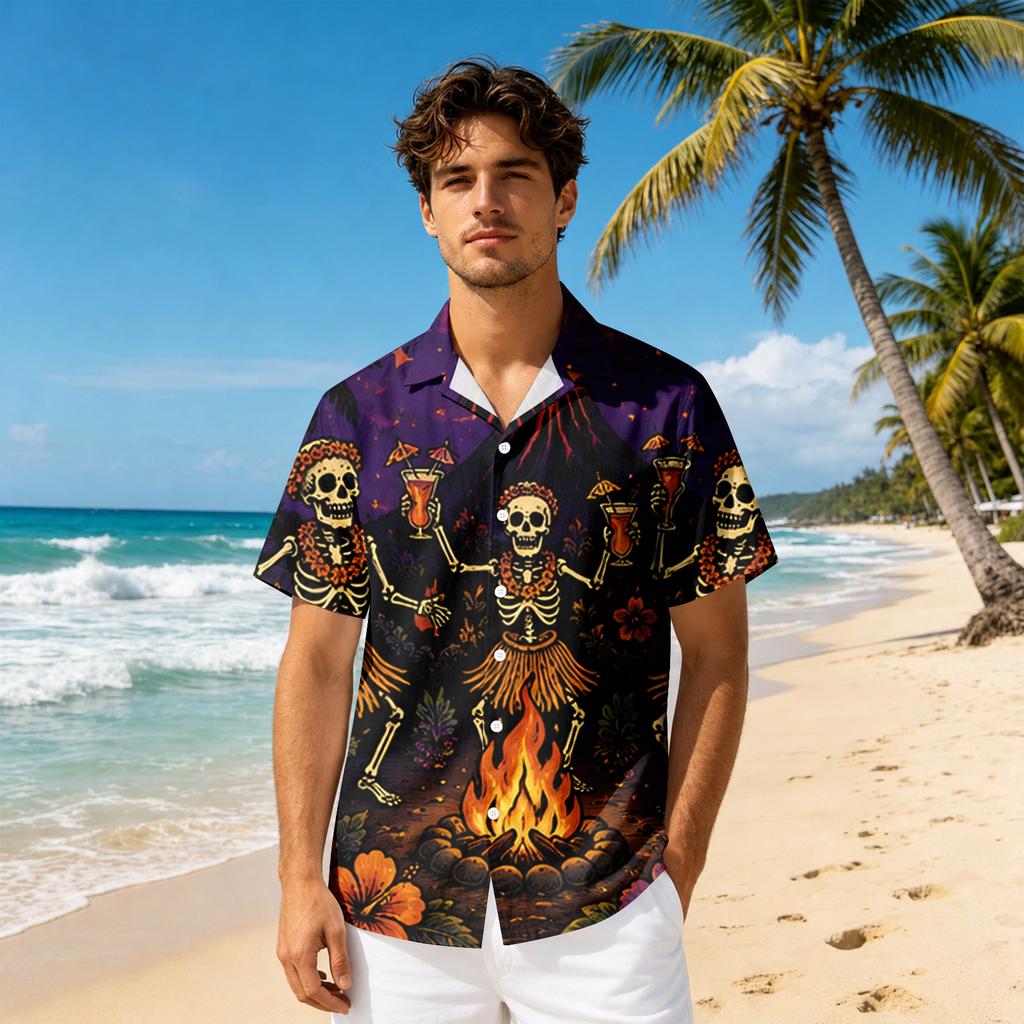 Men's Short Sleeve Casual Button Down Shirt Halloween Print Relaxed Fit Collared Shirt Lightweight Breathable Fabric