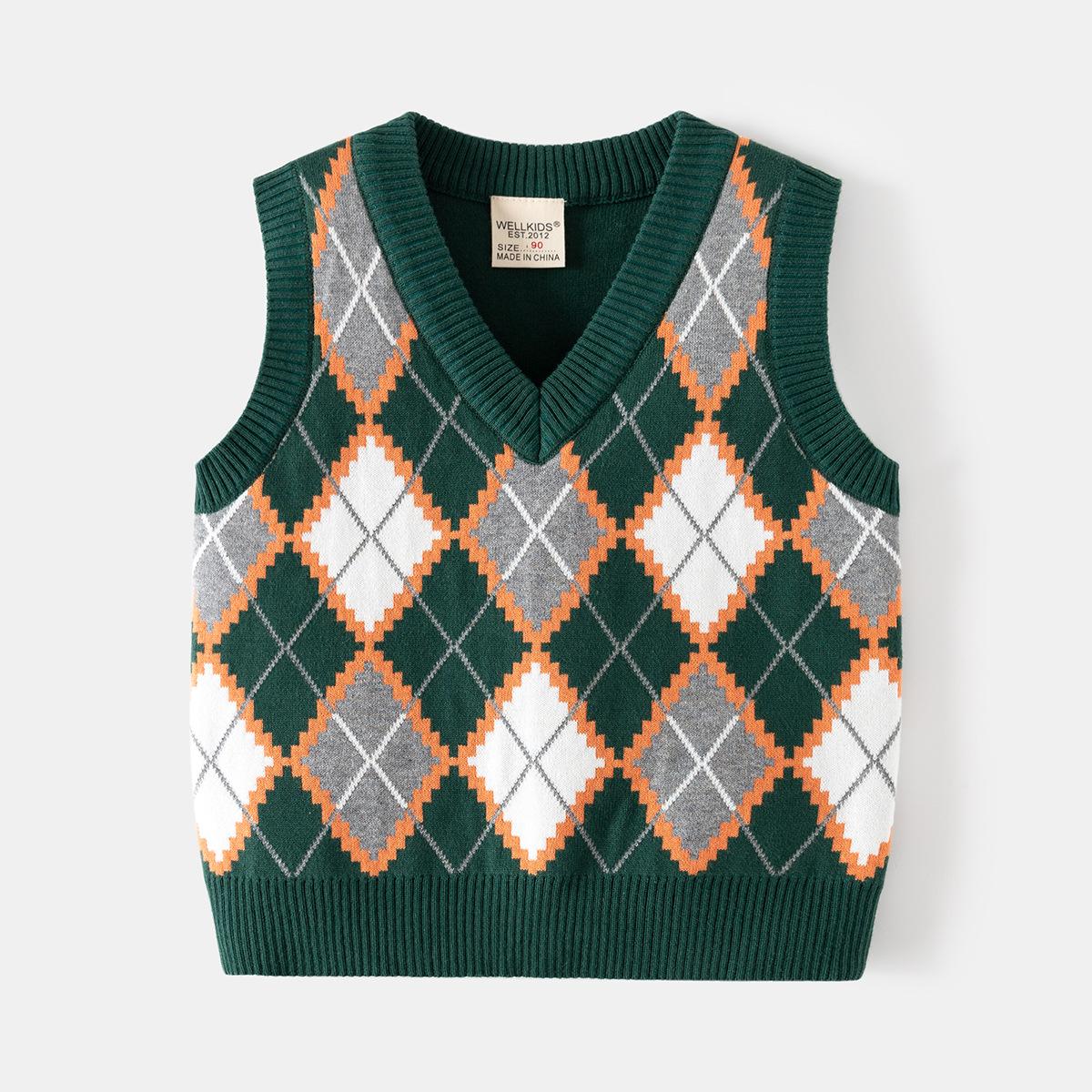 

Детская мода свитер жилет весна и осень мальчики и девочки жилет свитер жилет в ромбовидную клетку 120cm зелёный