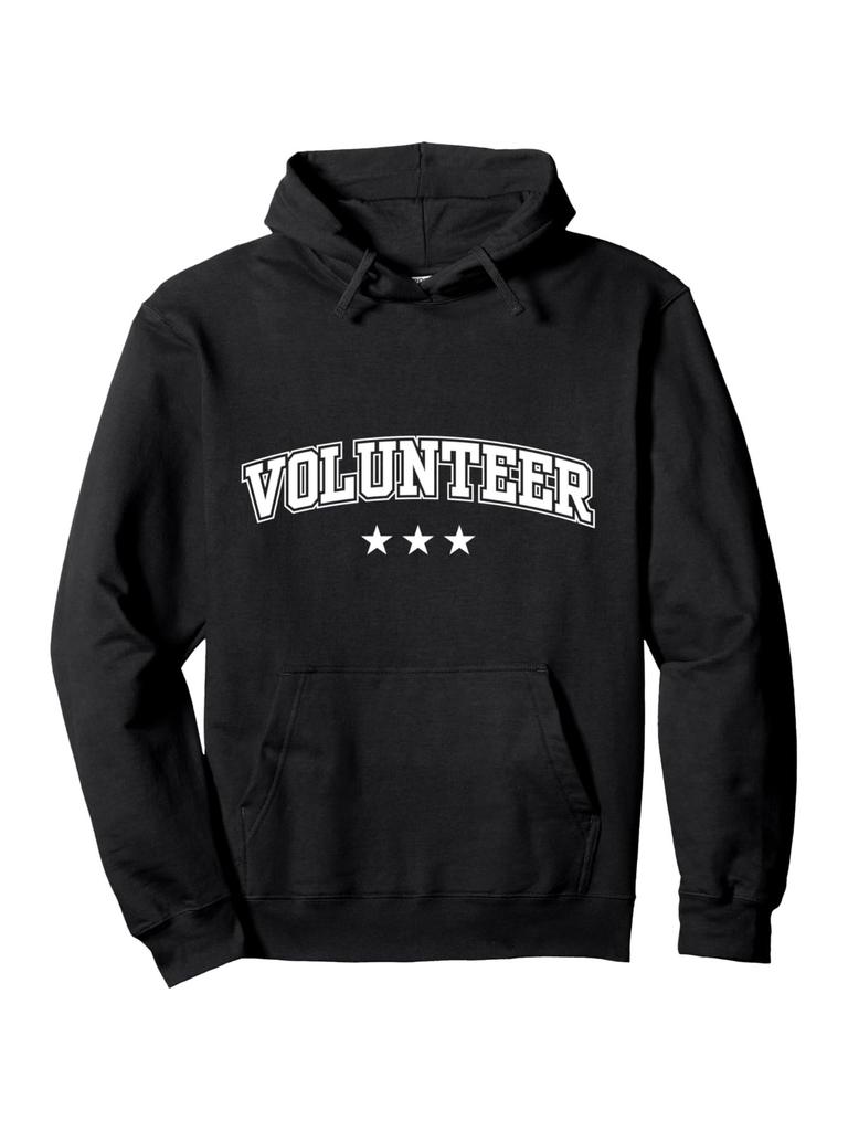 Casual hoodie with "Volunteer" Graphic - Black Pullover with White Star Design