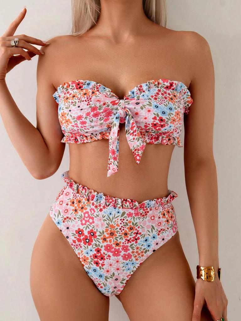 European And American Trend Printing Split Swimsuit Female Sexy Fungus Edge Bikini Suit