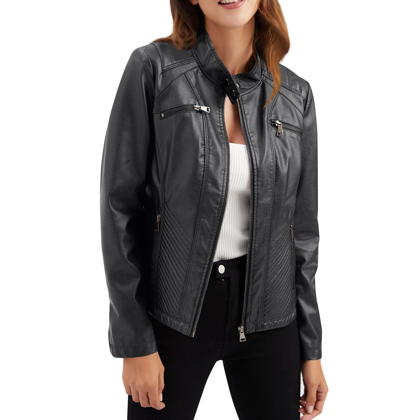 

Женская повседневная кожаная куртка с воротником-стойкой, облегающее пальто на весну и осень XL чёрный