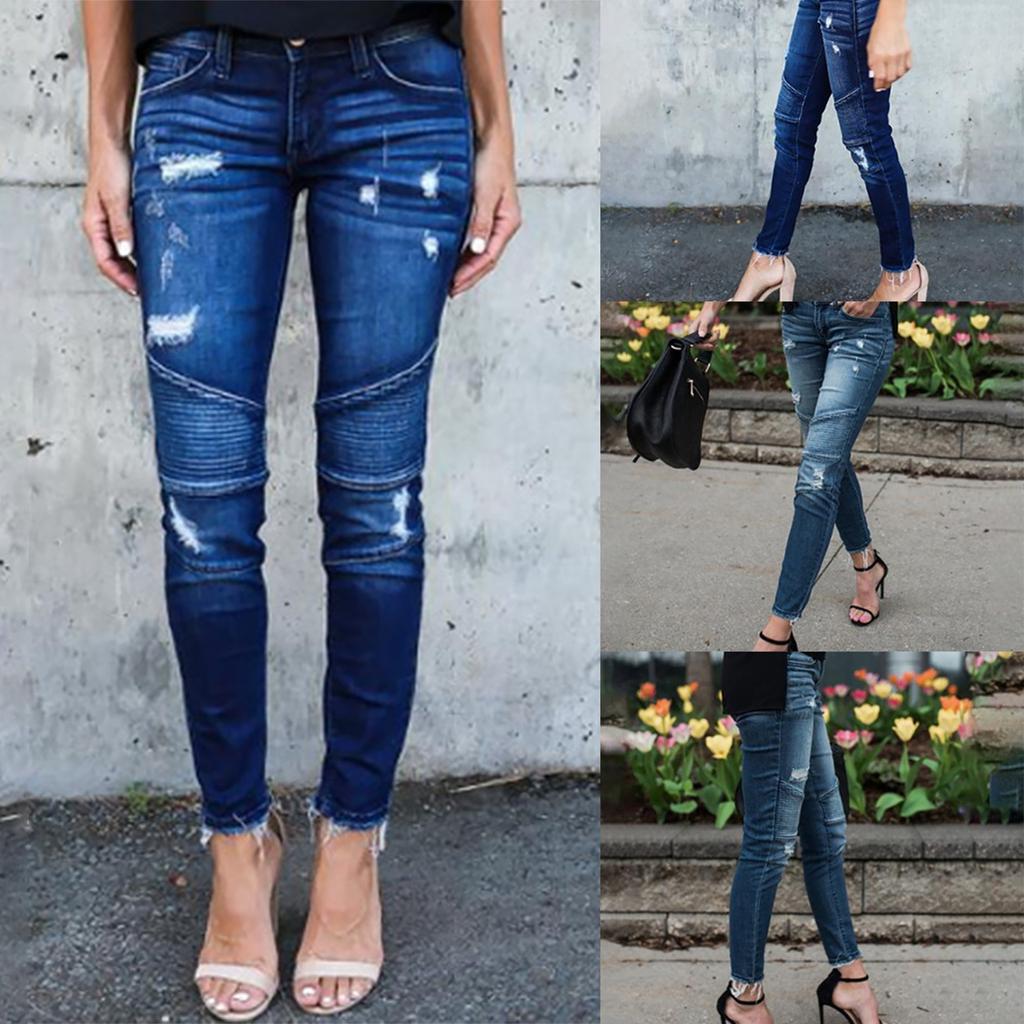 Women's Slim Fit Fringed Pleated Ripped Tight-fitting Stretch Leggings Jeans