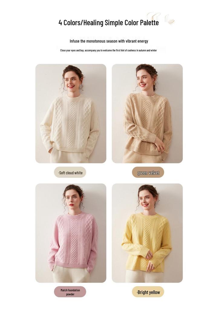 Women's Loose Fit Round Neck Cashmere Sweater: Thick Warm Cable Knit Pullover, Pure Color Korean Style.