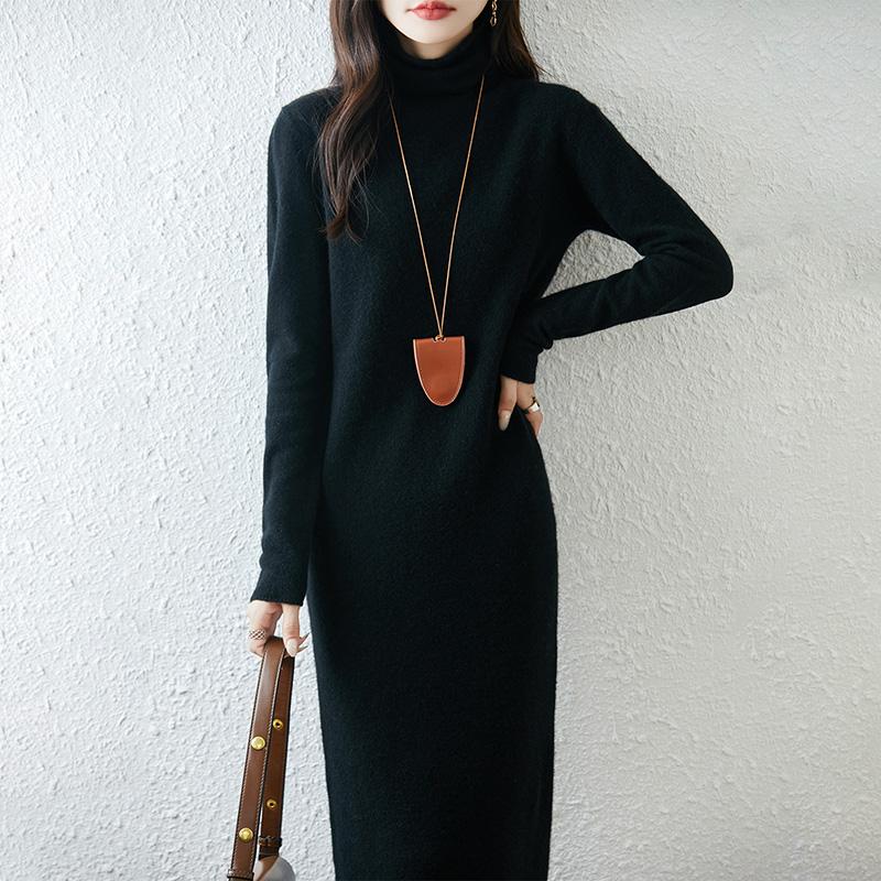 Women Sweater Dress 100% Wool TIDENOVEL Turtleneck Knit Long Pullover Winter Jumpers Wool Long Dress Female