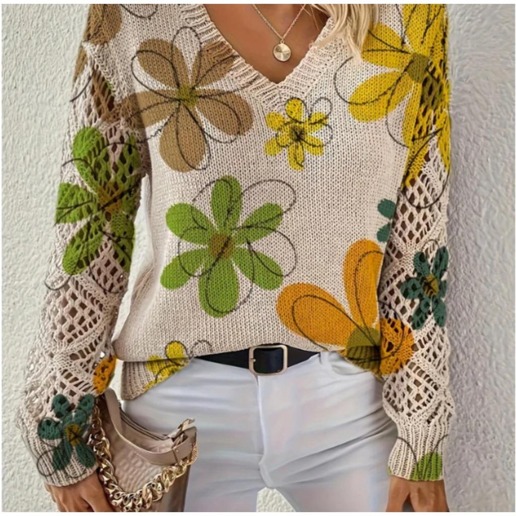 Elegant Autumn and Winter, Bohemian, Western-style Versatile Pullover V-neck Long Sleeved Women's Top, Trendy Women's Knitted Sweater