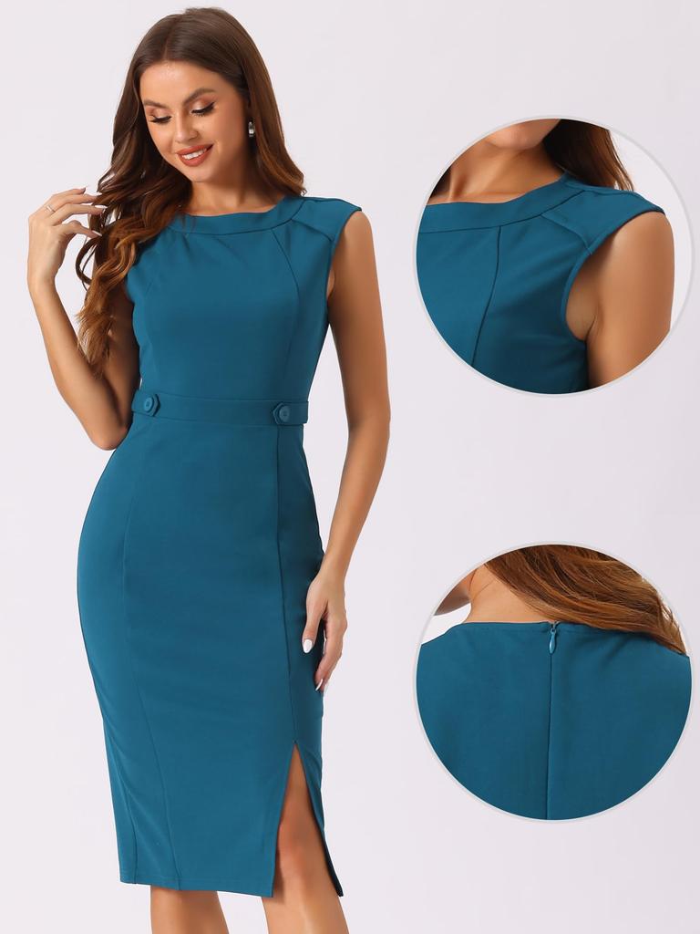 Allegra K Sheath Pencil Round Slim Peacock Size XS Women's Dress, Neck, Fit, Sleeveless, Blue,