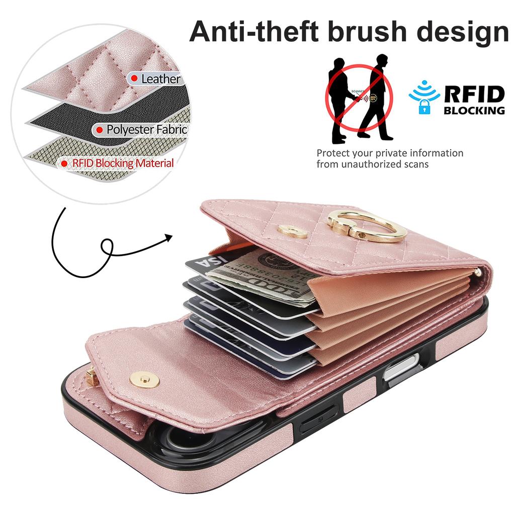 For iPhone 17 Case RFID Blocking Card Bag Leather + TPU Crossbody Phone Cover with Ring Kickstand