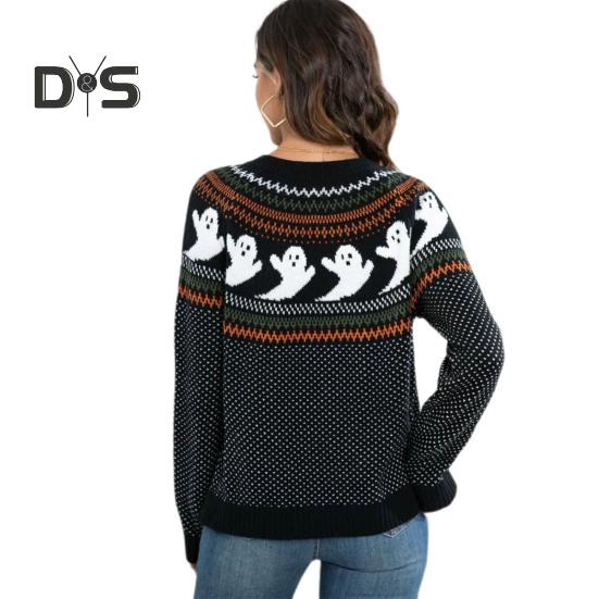 Damen Pullovermantel, Rundhalsausschnitt, Langarm, Geistermuster, Halloween-Strickjacke, Einreiher, Pullover, Strickjacke