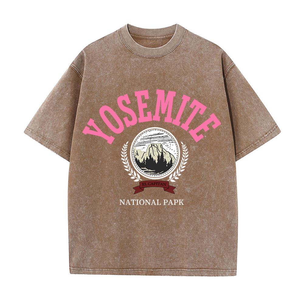 

Женские хлопковые выстиранные футболки модного дизайна с принтом Национального парка Йосемити, топы с круглым вырезом, свободные, состаренные, повседневная одежда 3XL