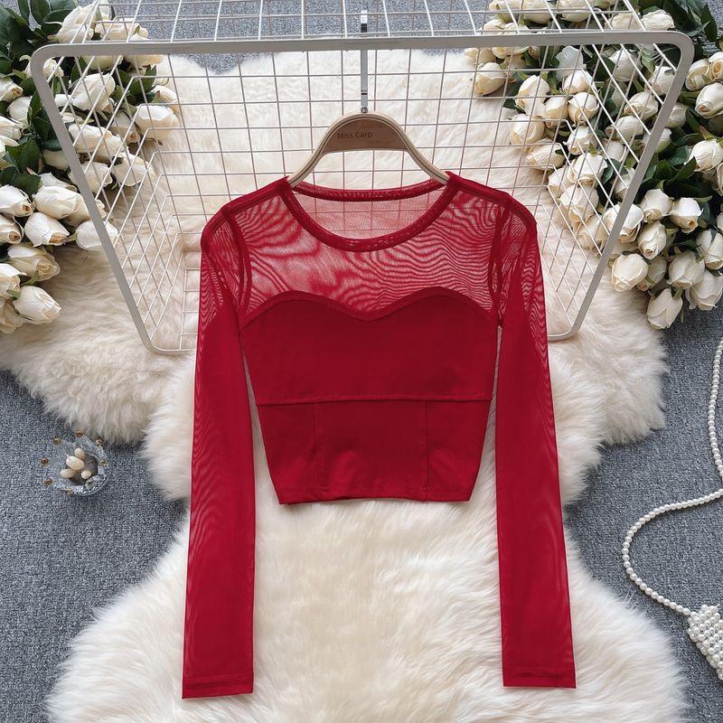 Fashion Pure Desire Mesh Patchwork Niche Style Long Sleeves T-shirt