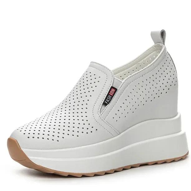 Fashion 10CM Wedge Pumps Moccasins Women Platform High Brand Sandals Genuine Leather Hollow Summer Shoes Hidden Heels Female Shoes 2024