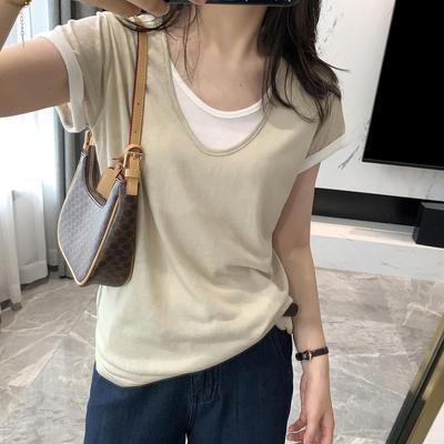 Women's Slimming Two-Piece Look T-Shirt: Summer 2025 Thin, Breathable U-Neck Short Sleeve Top