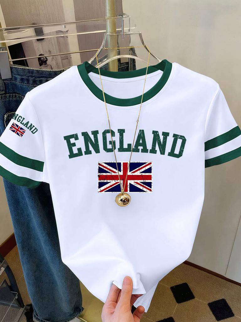 Summer Women's England Print Round Neck Short Sleeve T-Shirt Summer Graphic Te Jerseys Plus Size Sport T-Shirt Tops