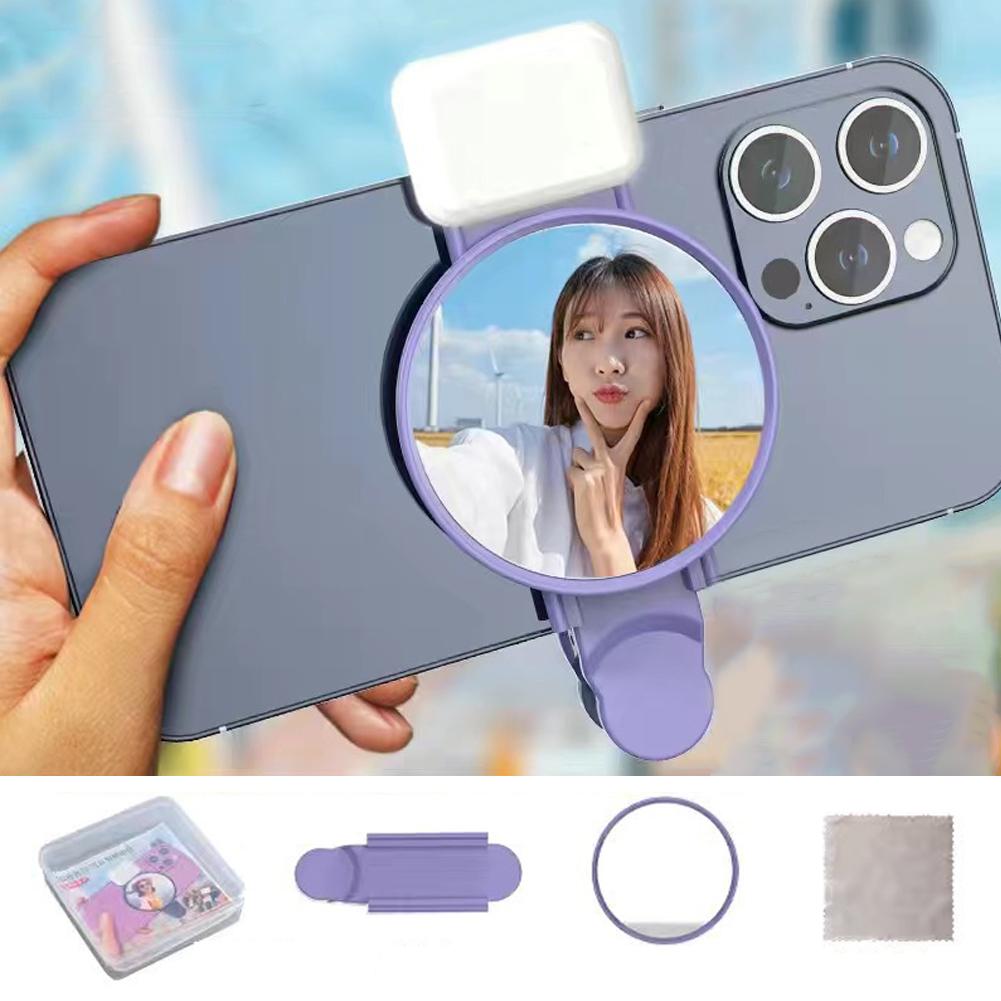 Universal Phone Camera Ring Mirror with Light Rear Camera Selfie Reflector Clip-on Makeup Light with Storage Pouch HD Reflection