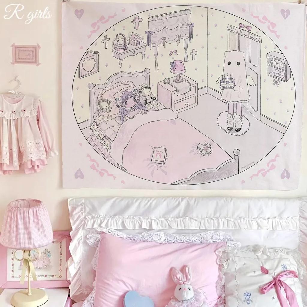 Kawaii Pastel Goth Anime Girl Tapestry Cute Lolita Angel Neko Print Wall Hanging for Teen Girl Bedroom Dorm Decor