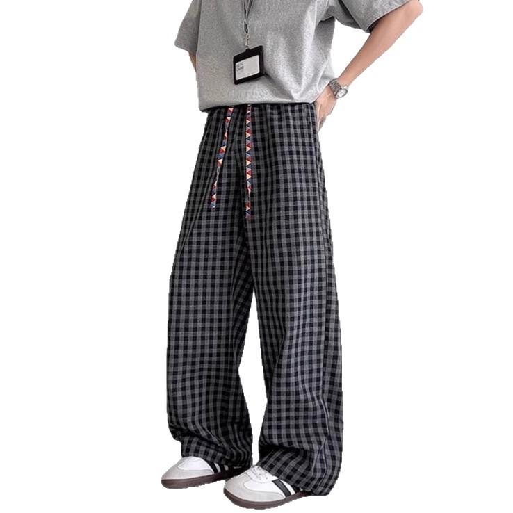 Plaid Pants Men's Loose Summer Can Be Worn Outside Mopping Long New Bf Lazy Men's Casual Pants Ice Silk Thin