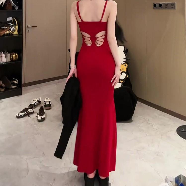 [Shoulder strap adjustable] Butterfly back hollowed out pure desire sexy suspender hip dress women's summer fishtail dress