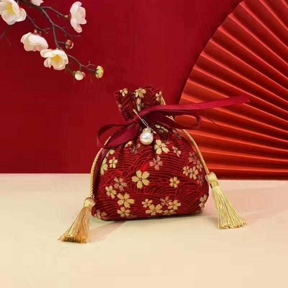 Stripe Canvas Flower Drawstring Bag Sakura Wedding Candy Bag Portable Ribbon Bow Wrist Bag  Party