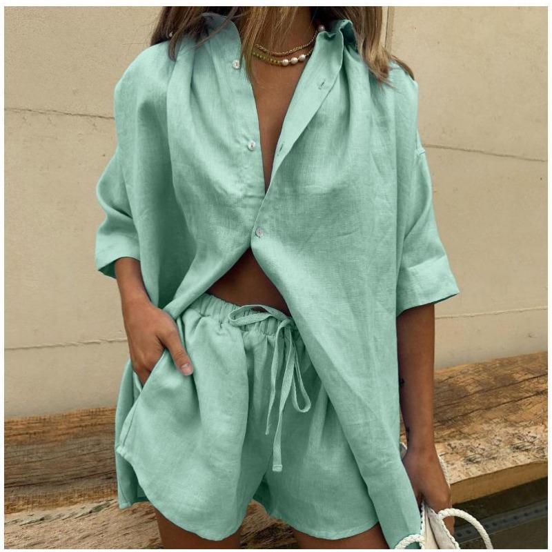 Damen Unifarbene Kurzarmhemd Shorts Lässiges Set