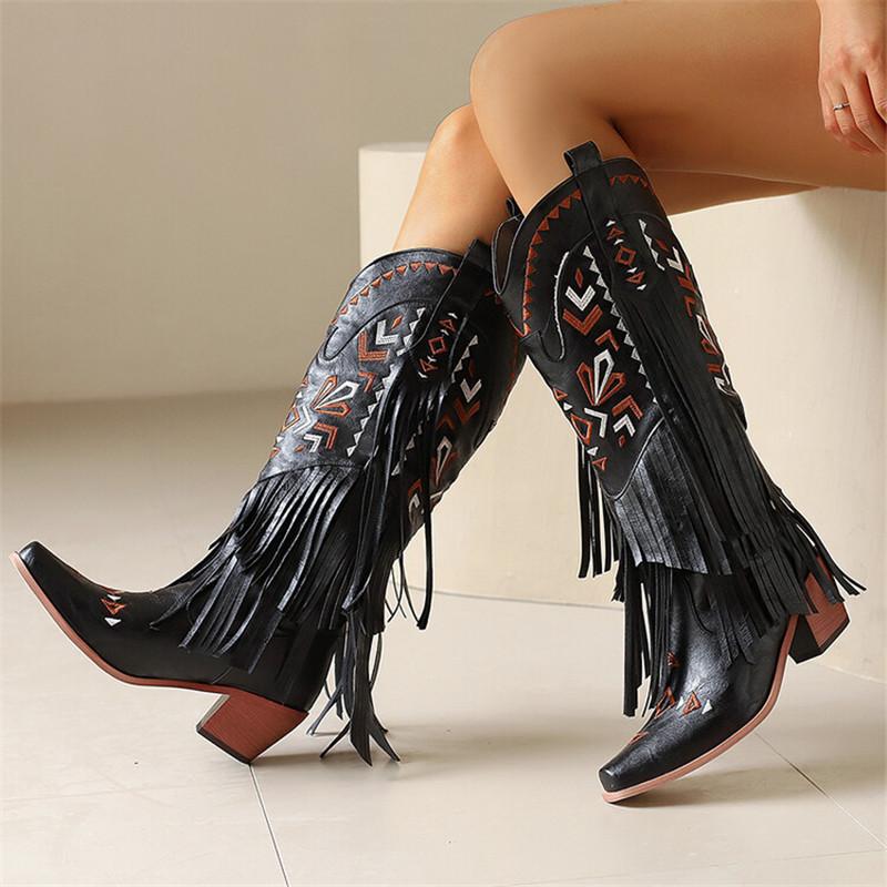 Fashion New Autumn Winter Women Boot Fashion Embroidered Western Denim Boots for Women Chunky Heel Tassels Mid-calf Boots Ladies Shoes