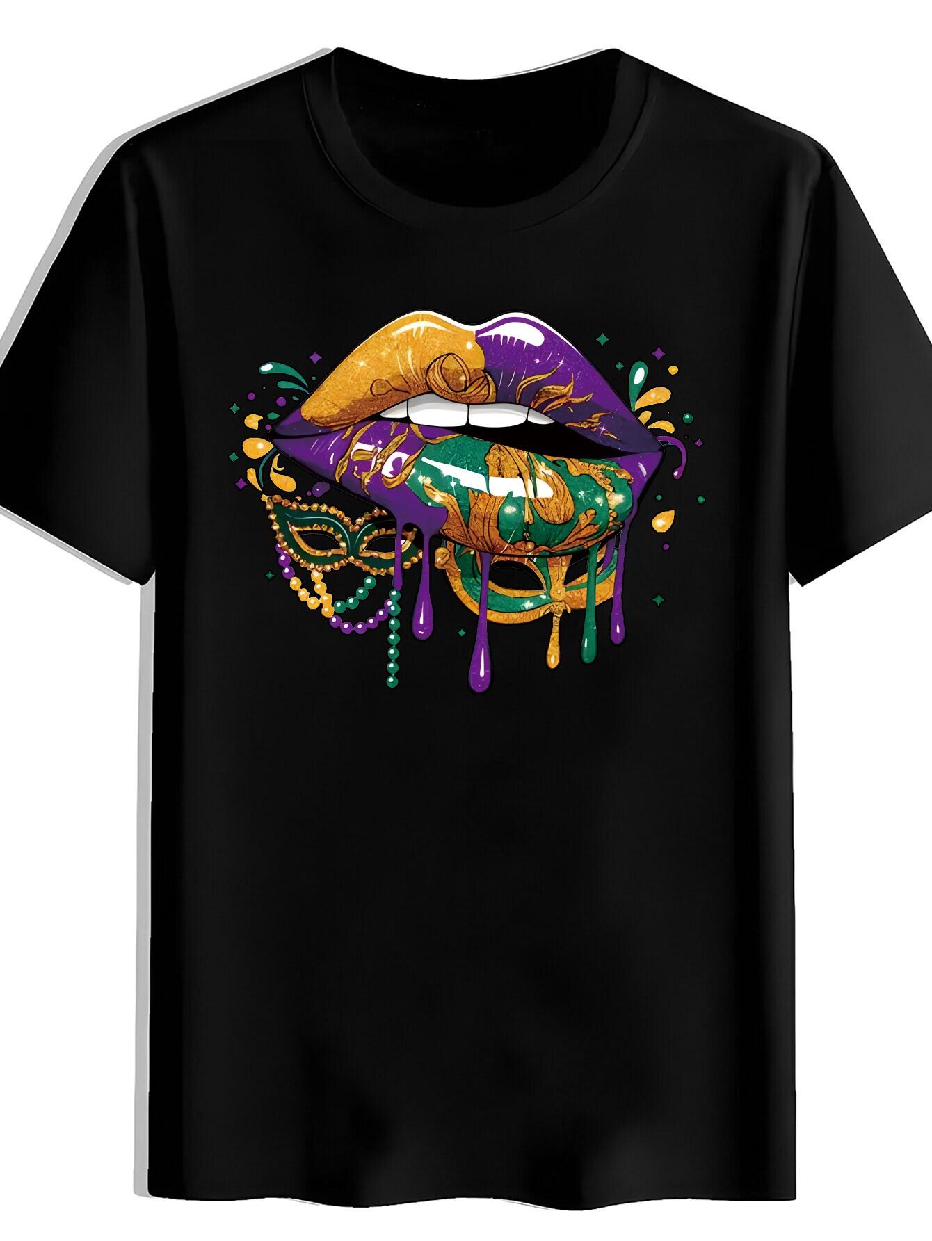 T-shirt Lip Mask Print | Casual Crew Neck Short Sleeve XL