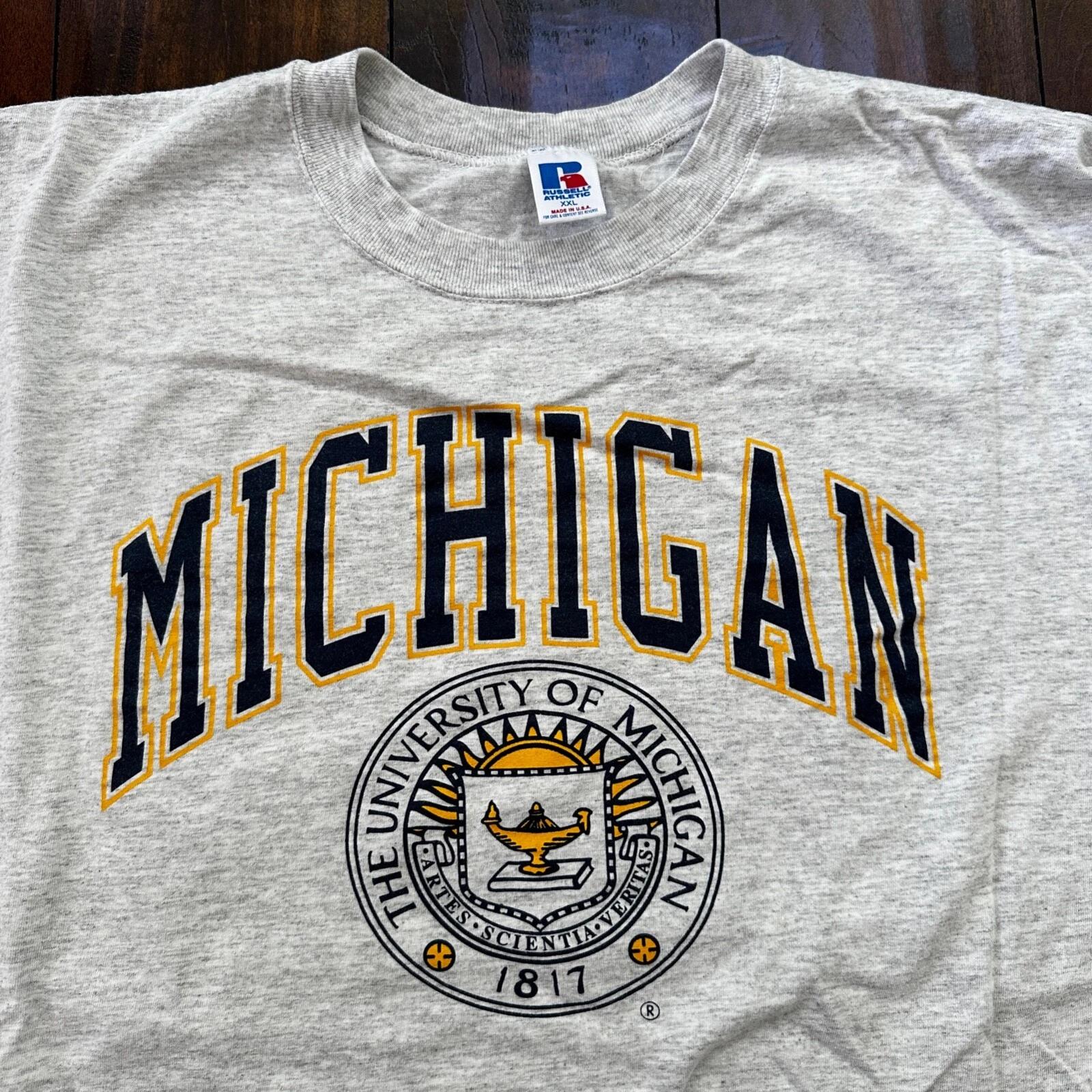 Michigan Russell Athletic 2XL USA VTG T Shirt Gray University College Basic Rap XL