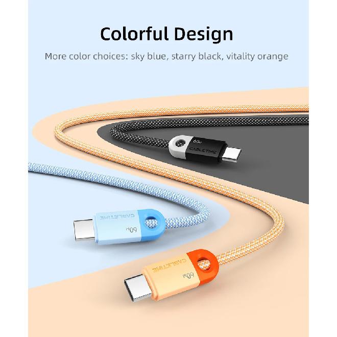 CABLETIME USB C to USB C Cable 60W 480Mbps Fast Charging Cable 3A Braided Type C to Type C Cable for Moble Phone Laptop HUAWEI