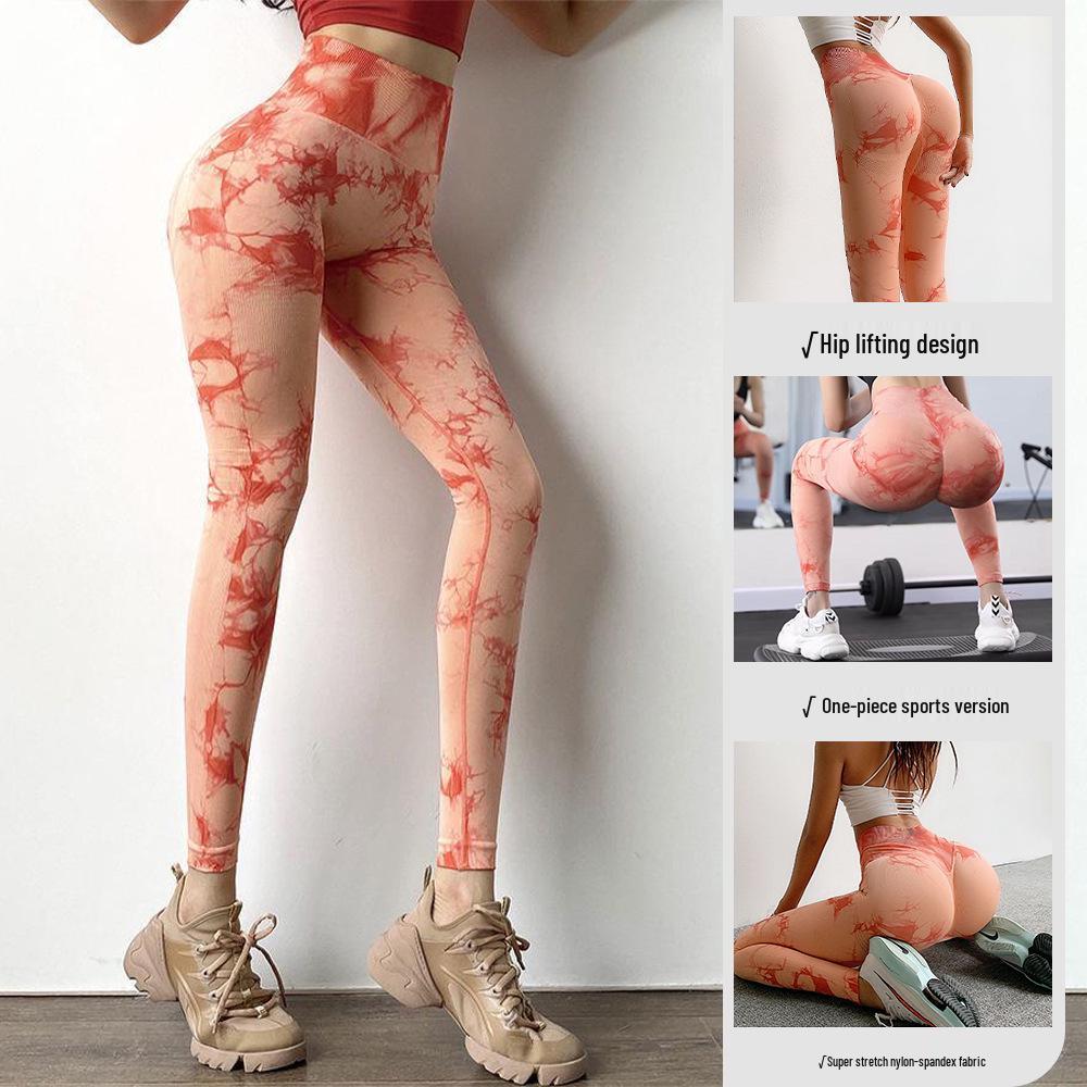 Pantaloni de Yoga pentru Femei cu Talie Înaltă Peach Tie-Dye - Leggings Fitness fără Cusături cu Uscare Rapidă pentru Fesieri