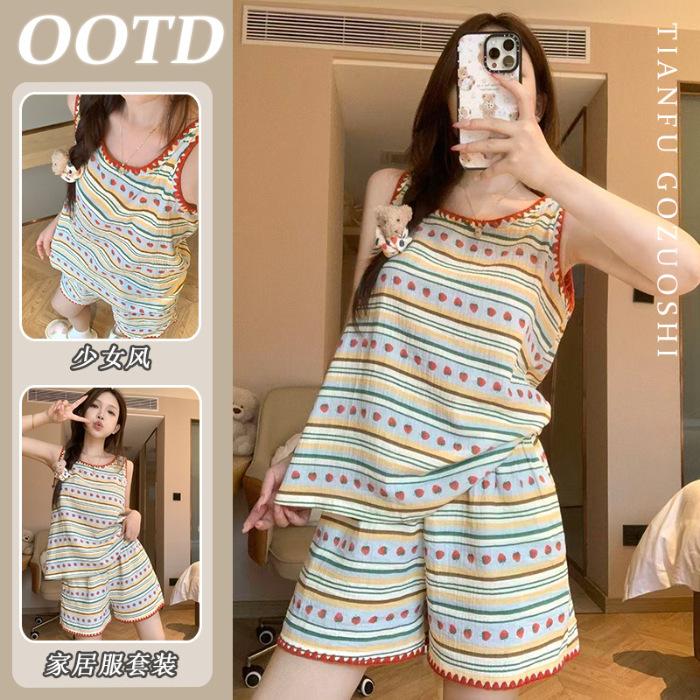 [High-quality imitation cotton] Striped strawberry suspender short-sleeved pajamas women s summer loungewear summer short-sleeved shorts M