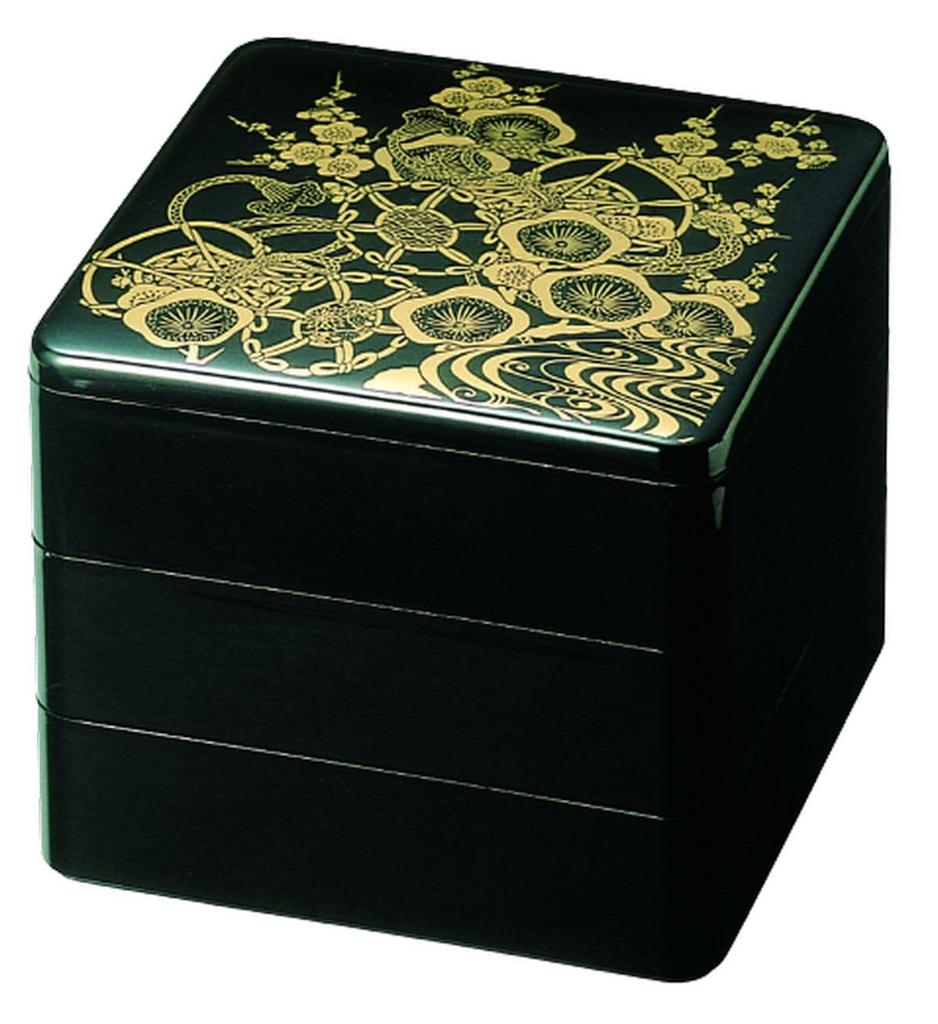 Outdoor Lunch Box Made In 3 Black and Gold Tsutsumi X X J-kitchens (Lunch Box) Japan, Tiers, 6.5-inch, Design, 19.6cm 19.6cm 17.5cm