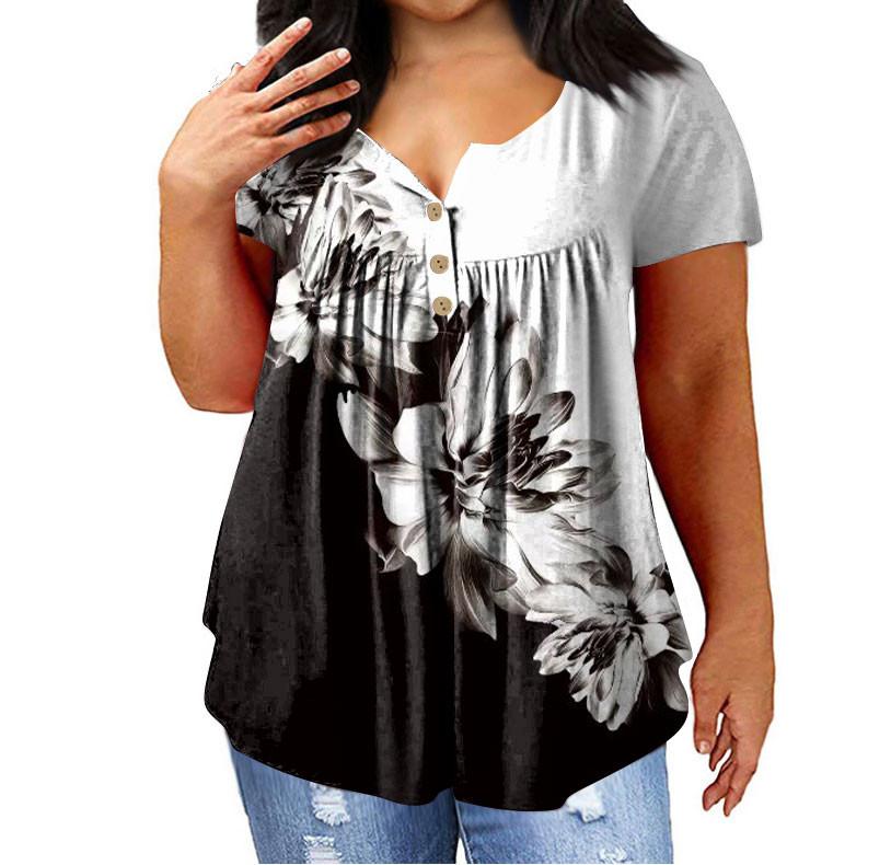 Womens Short Sleeve Casual Loose Printed V-Neck Tops -Shirt Plus Size XXXL