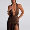 Letní Nové Dámské Oblečení Temperament Halter Neck Výstřih do V Dlouhá Sukně Sexy Rozparek Plisované Bez zad