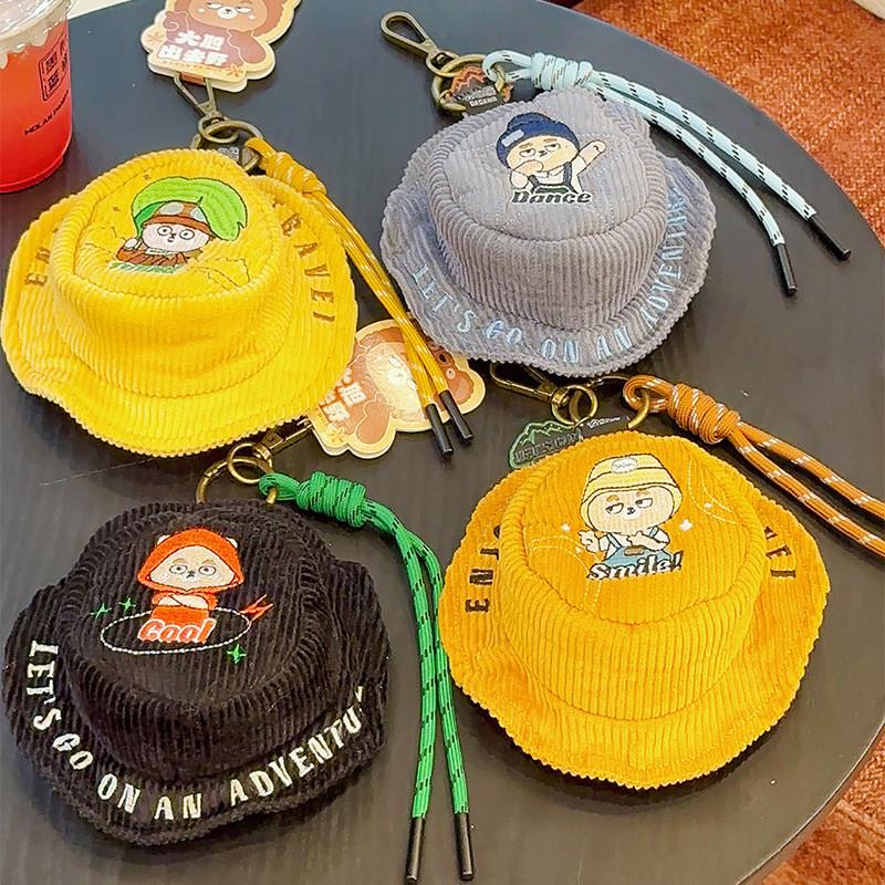 Goes Bear Bold Wild Series Corduroy Hat With Embroidered Coin Keychain Purse