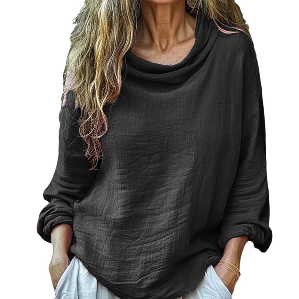 Women's Casual Loose Fashion Long Sleeved Solid Color Pile Pile Collar Fold Top